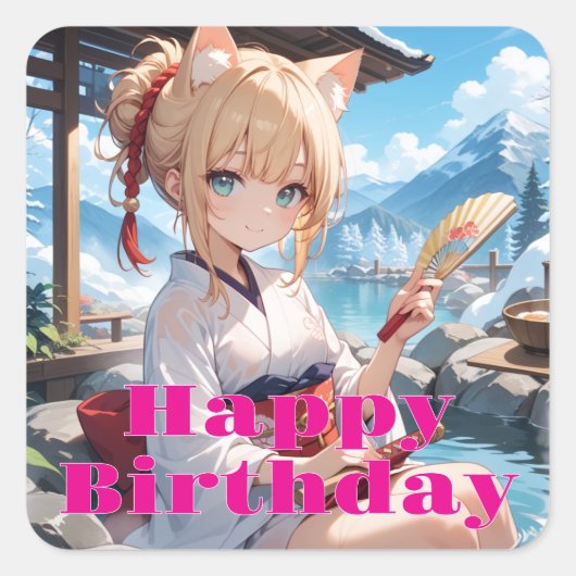 温泉に来た猫耳娘 VIERKANTE STICKER (Voorkant)