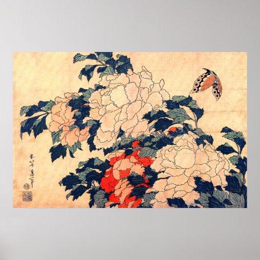牡 と, 北 en Butterfly, Hokusai, Ukiyoe Poster (Voorkant)