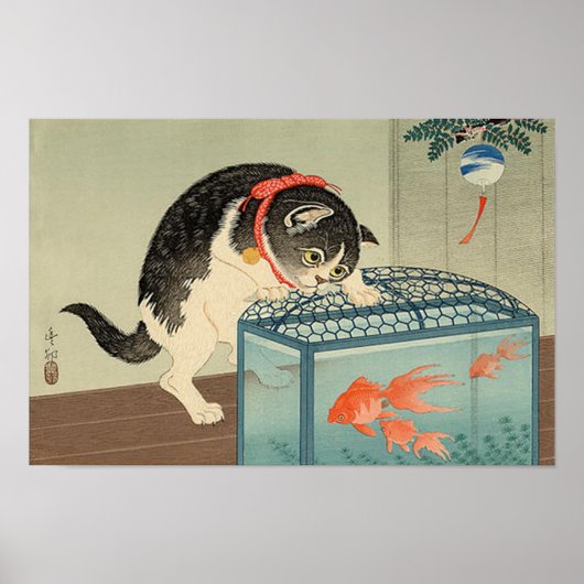 猫 と 魚, 古 邨 Cat & Goldfish, Koson, Ukiyo-e Poster (Voorkant)
