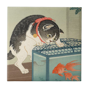 猫 と 魚, 古 邨 Cat & Goldfish, Koson, Ukiyo-e Tegeltje