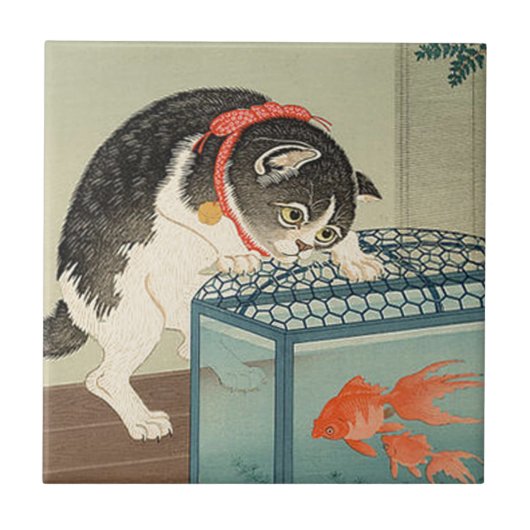 猫 と 魚, 古 邨 Cat & Goldfish, Koson, Ukiyo-e Tegeltje (Voorkant)
