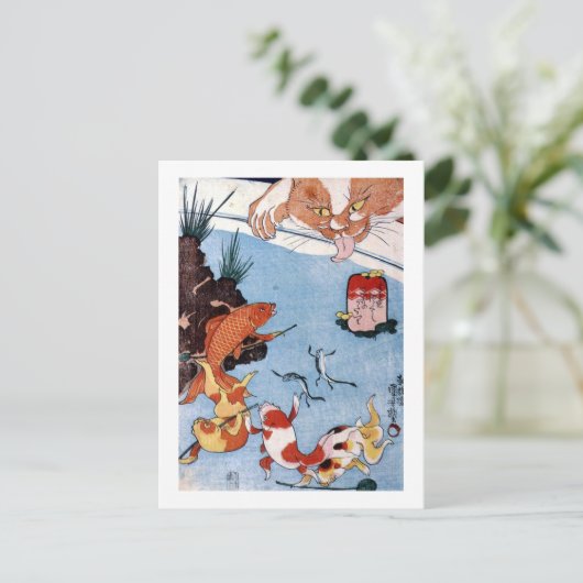 猫 と 魚, 国 芳 Cat en Goldfish, Kuniyoshi, Ukiyo-e Briefkaart (Staand voorkant)