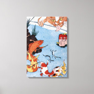 猫 と 魚, 国 芳 Cat en Goldfish, Kuniyoshi, Ukiyo-e Canvas Afdruk