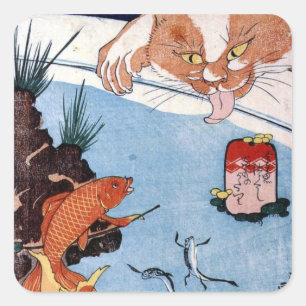 猫 と 魚, 国 芳 Cat en Goldfish, Kuniyoshi, Ukiyo-e Vierkante Sticker