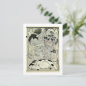 猫, 暁 斎 Cats, Kyōsai, Ukiyo-e Briefkaart (Staand voorkant)