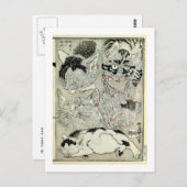 猫, 暁 斎 Cats, Kyōsai, Ukiyo-e Briefkaart (Voorkant / Achterkant)