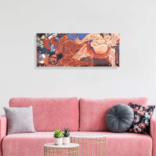 相 撲, 国 Sumo Wrestling, Kuniyoshi, Ukiyo-e Canvas Afdruk (Insitu (Woonkamer))