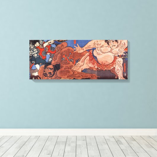相 撲, 国 Sumo Wrestling, Kuniyoshi, Ukiyo-e Canvas Afdruk (Insitu (Houten vloer))