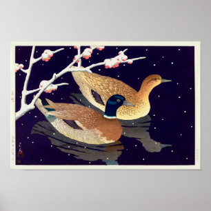 真 鴨, Mallard Ducks, Hasui Kawase, Woodcut Poster