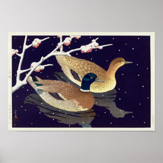真 鴨, Mallard Ducks, Hasui Kawase, Woodcut Poster (Voorkant)