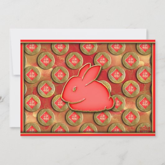 福 Fu Sybol Red Gold Cute Rabbit Chinees nieuwjaar Feestdagenkaart (Voorkant)