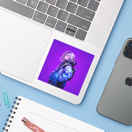 紫/Purple Seal | 東京娘 GenerartiveAI Sticker (Laptop met iPhone)