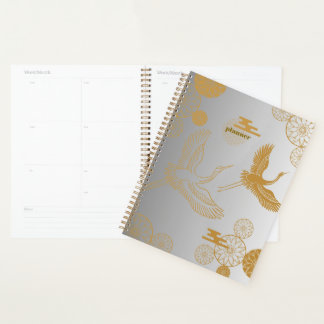 縁起の良い金色の日本の鶴模様《白×シルバー》ジャーナル PLANNER