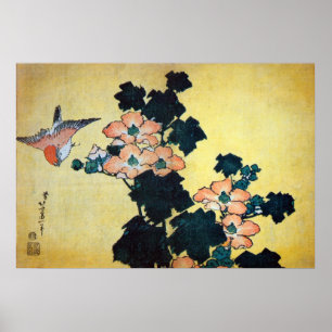 芙 蓉 雀, 北 Hibiscus Mutabilis en Sparrow, Hokusai Poster