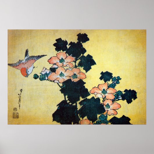 芙 蓉 雀, 北 Hibiscus Mutabilis en Sparrow, Hokusai Poster (Voorkant)