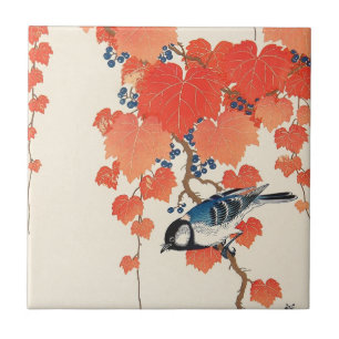 赤 蔦 鳥, 古 邨 op Red Ivy, Koson, Ukiyo-e Tegeltje