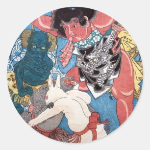 金 太 動 物, 国 Kintaro & Animals, Kuniyoshi, Ukiyo-e Ronde Sticker