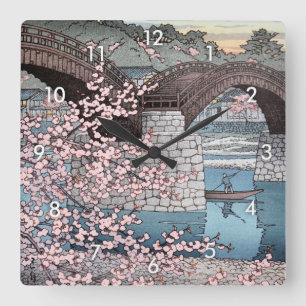 錦 帯 の 宵, lente bij Kintai Bridge, Hasui Kawase Vierkante Klok