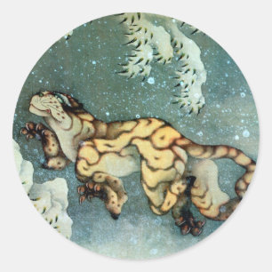 雪 図, 北 斎 Tiger in de sneeuw, Hokusai Ronde Sticker