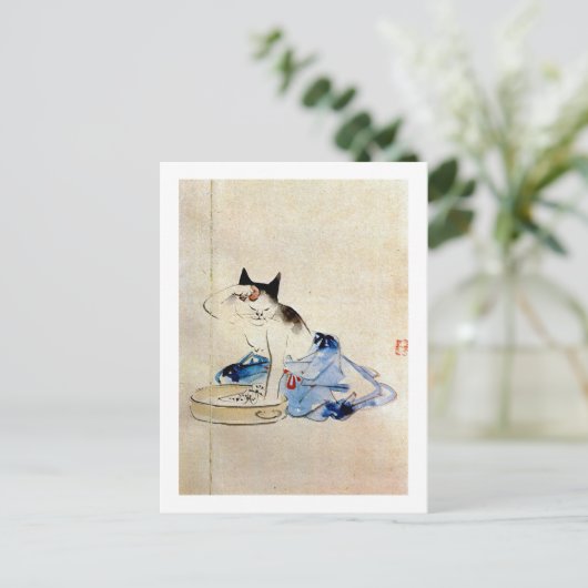 顔 洗 猫, 広 重 Kat Wash, Hiroshige Briefkaart (Staand voorkant)