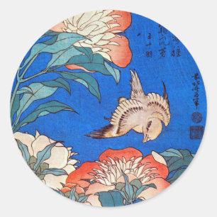 鳥 と 薬, 北 斎 Bird en Peony, Hokusai, Ukiyoe Ronde Sticker