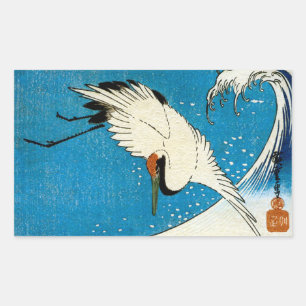 鶴 波, Crane & Wave, Hiroshige, Ukiyo-e Rechthoekige Sticker