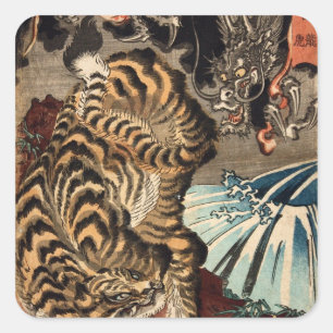 龍 虎, 国 Tiger & Dragon, Kuniyoshi, Ukiyo-e Vierkante Sticker