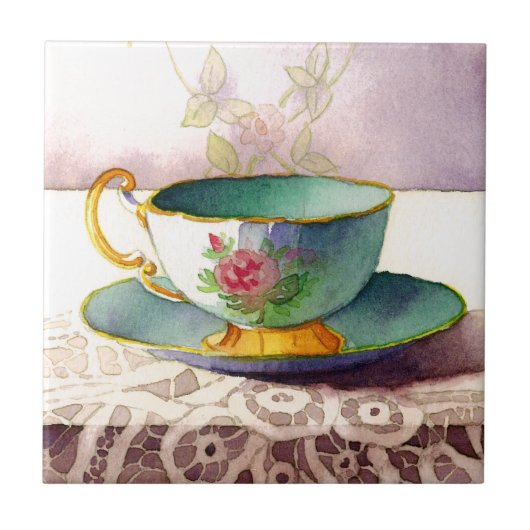 0001 Teacup op Lace Tile Tegeltje (Voorkant)