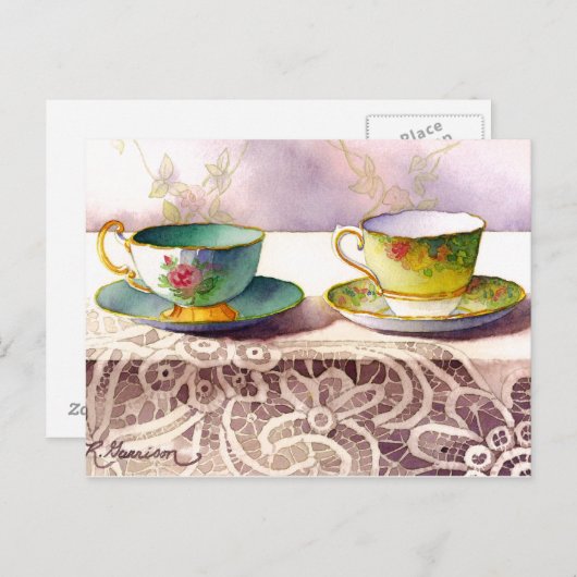 0001 Teacups op het Briefkaart van Lace Greeting (Voorkant / Achterkant)