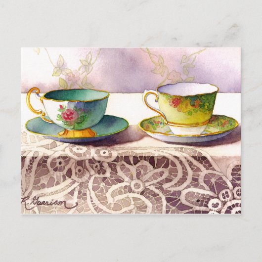 0001 Teacups op het Briefkaart van Lace Greeting (Voorkant)