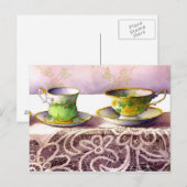 0001 Teacups op het Briefkaart van Lace Greeting (Voorkant / Achterkant)