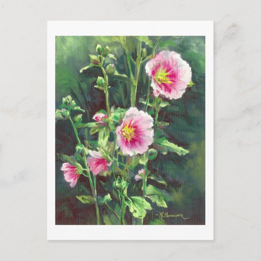 0013 Roze Hollyhocks Briefkaart (Voorkant)