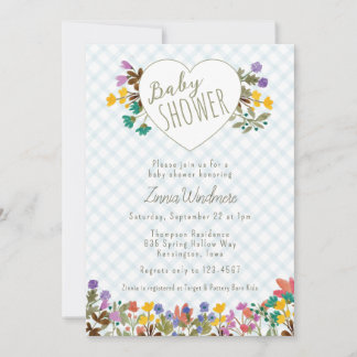 001 Hemelblauw geruite tuin hart bloemen baby show Kaart