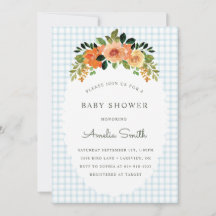 001 Hemelblauwe Bloemengingham Baby Shower Uitnodi