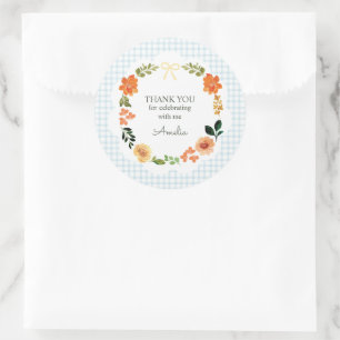 001 Lichtblauwe Bloemengingham Baby Shower Ronde Sticker