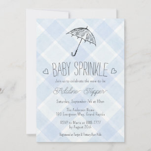 001 Lichtblauwe geruite paraplu baby shower Kaart
