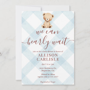 001 Lichtblauwe Gingham Teddybeer Baby Shower Kaart