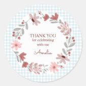 001 Lichte Blauwe Wilde Bloem Boog Frame Gingham Ronde Sticker (Voorkant)