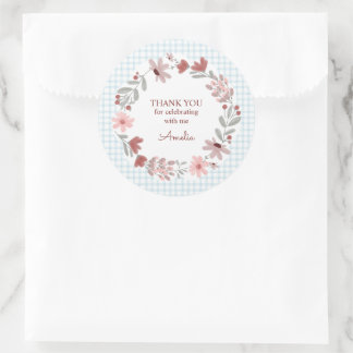 001 Lichte Blauwe Wilde Bloem Boog Frame Gingham Ronde Sticker