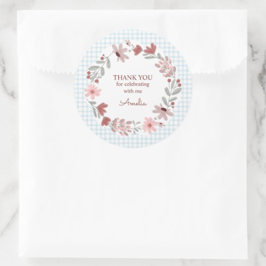001 Lichte Blauwe Wilde Bloem Boog Frame Gingham Ronde Sticker (Tas)