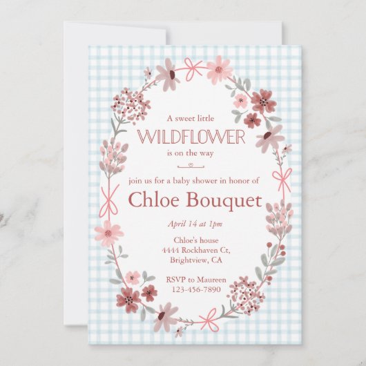 001 Lichte Blauwe Wilde Bloem Boog Frame op Gingha Kaart (Voorkant)