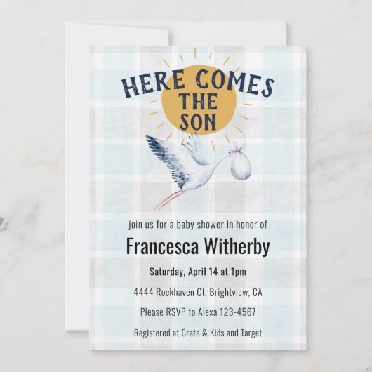001 Sky 020 Fog Sun Plaid Stork Baby Shower Kaart (Voorkant)