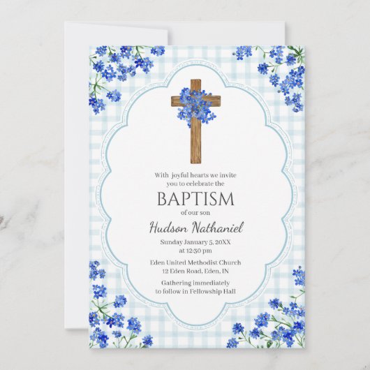 001 Sky Blue Blossom Rustic Cross Design Baptism Kaart (Voorkant)