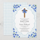 001 Sky Blue Blossom Rustic Cross Design Baptism Kaart (Voorkant / Achterkant)