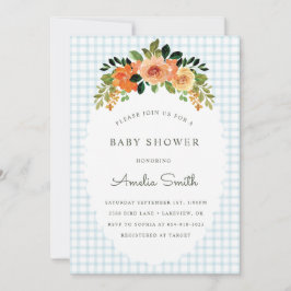 001 Sky Blue Floral Gingham Baby Shower Invitation Kaart