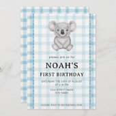 001 Sky Blue Plaid Koala 1st Birthday Invitation Kaart (Voorkant / Achterkant)