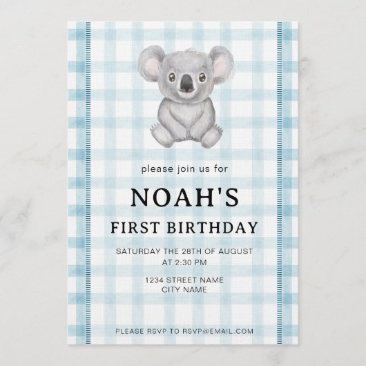 001 Sky Blue Plaid Koala 1st Birthday Invitation Kaart (Voorkant)