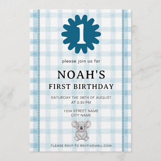001 Sky Watercolor Check Koala Birthday Invitation Kaart (Voorkant)