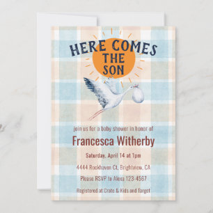001 Sky Watercolor Plaid Ooievaar Boho Baby Shower Kaart