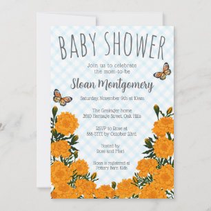 002 Baby Shower met blauwe vlinder en goudsbloem Kaart